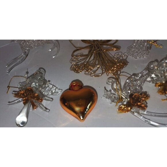 Set Of 8 Handcrafted Glass Christmas Ornaments - Reindeer Angels Heart & Gold Wi - Picture 8 of 12